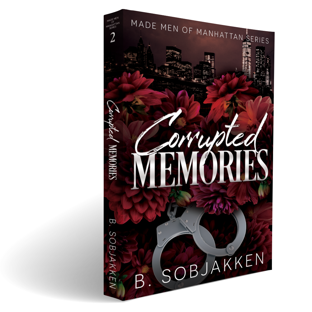 Book cover for 'Corrupted Memories' by B. Sobjakken, featuring a dark city skyline, red flowers, handcuffs, and white title text on a black background.