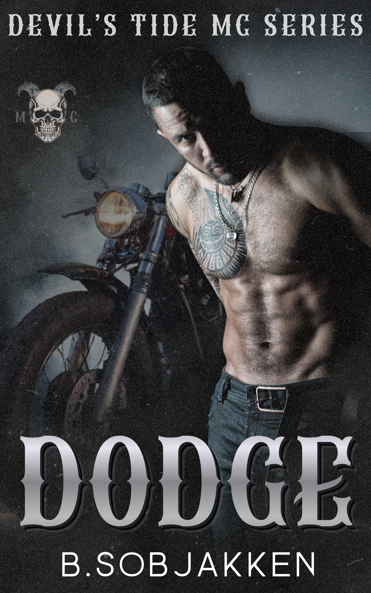 Book cover of 'Dodge' from the Devil's Tide MC series featuring a muscular man and motorcycle.